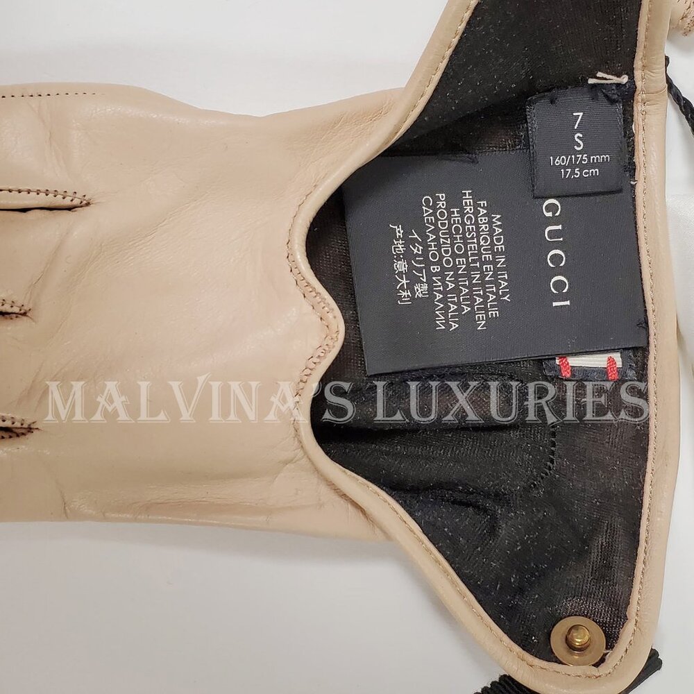 GUCCI GLOVES 477970 BEIGE LEATHER HEART CUT-OUT CAT FELINE HEAD - Picture 7 of 12